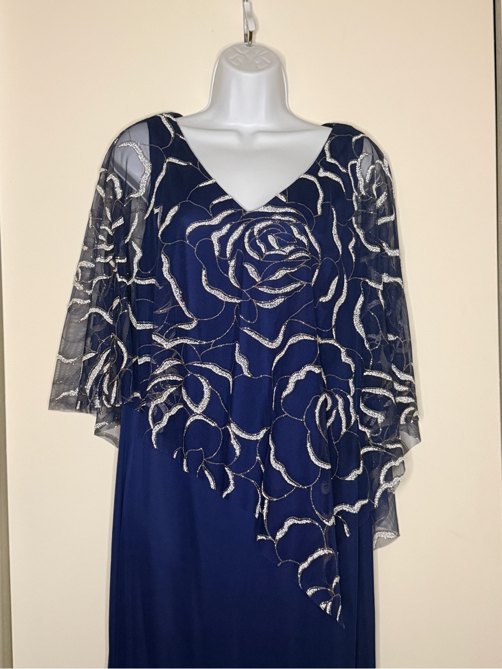 SLNY V-Neck Popover Gown with Asymmetric Glitter Floral Cape